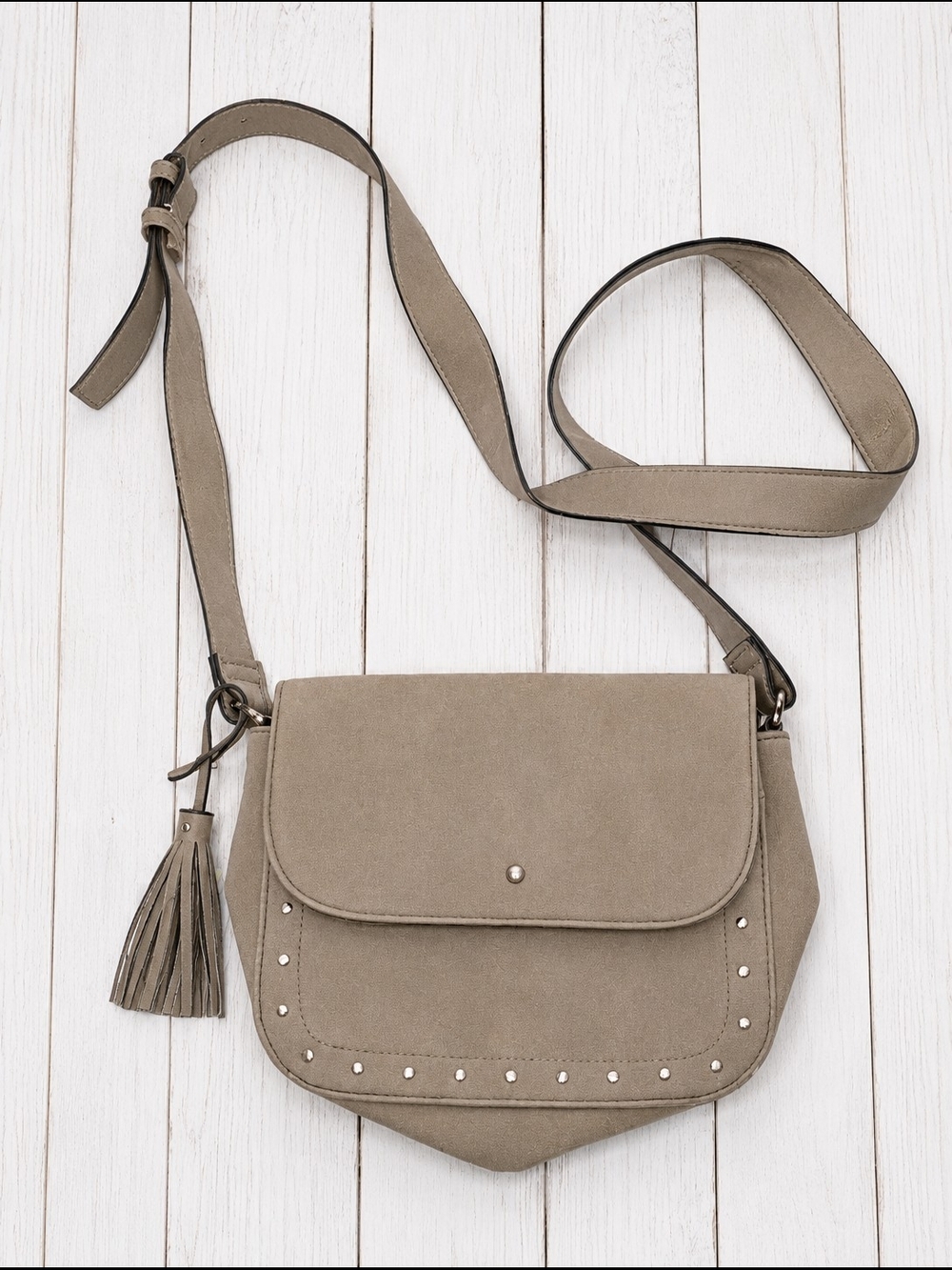 Taupe Suede Crossbody Bag with Tassel